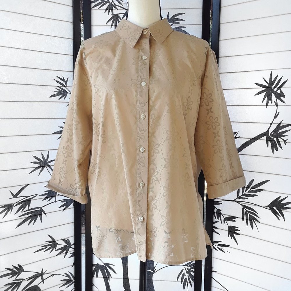 Liz Claiborne Tan Semi Sheer Floral 3/4 Sleeve Button Down Shirt Size L